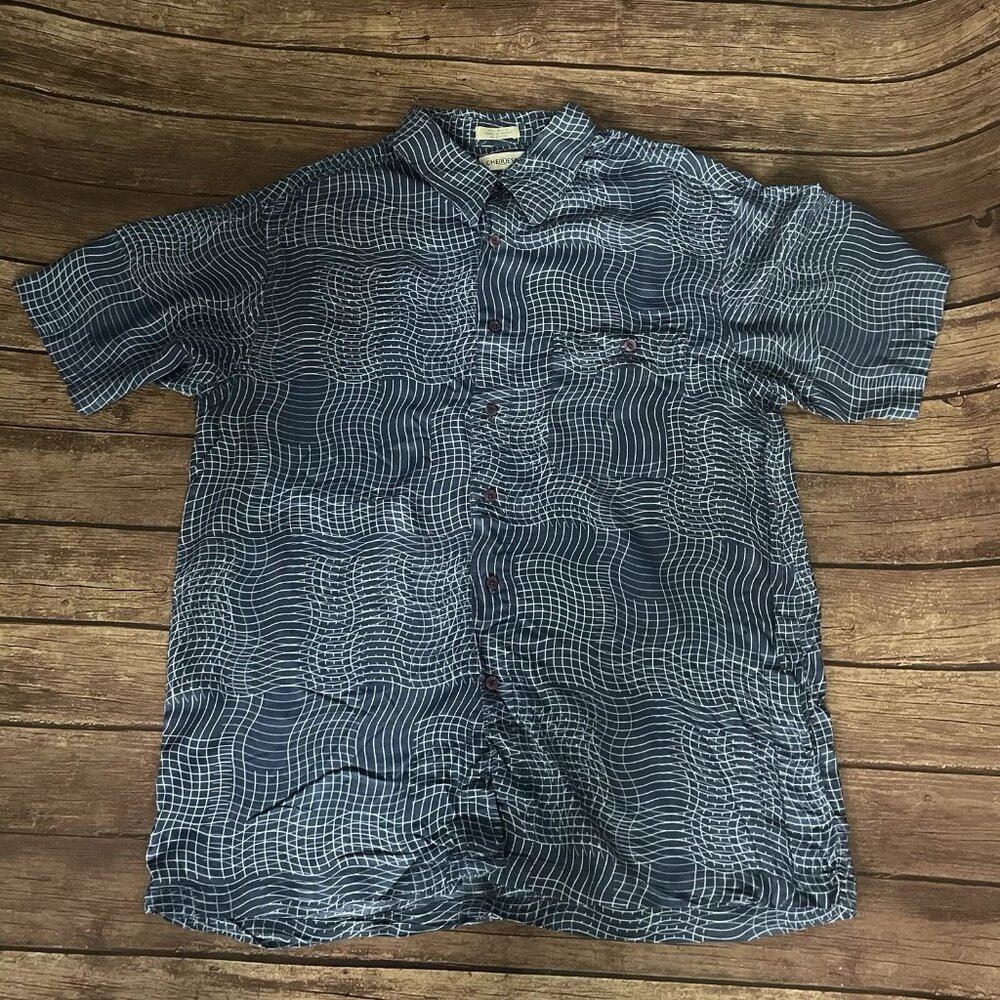 Men’s Chereskin Blue Checkered Wave Grid Rayon Button Down Shirt XL Short Sleeve